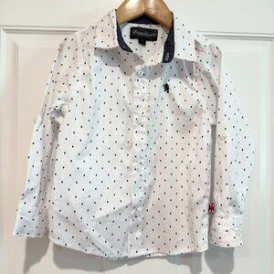 English Laundry Boys Button Up Shirt White w/ Diamond Print Rolled Sleeves Sz 5